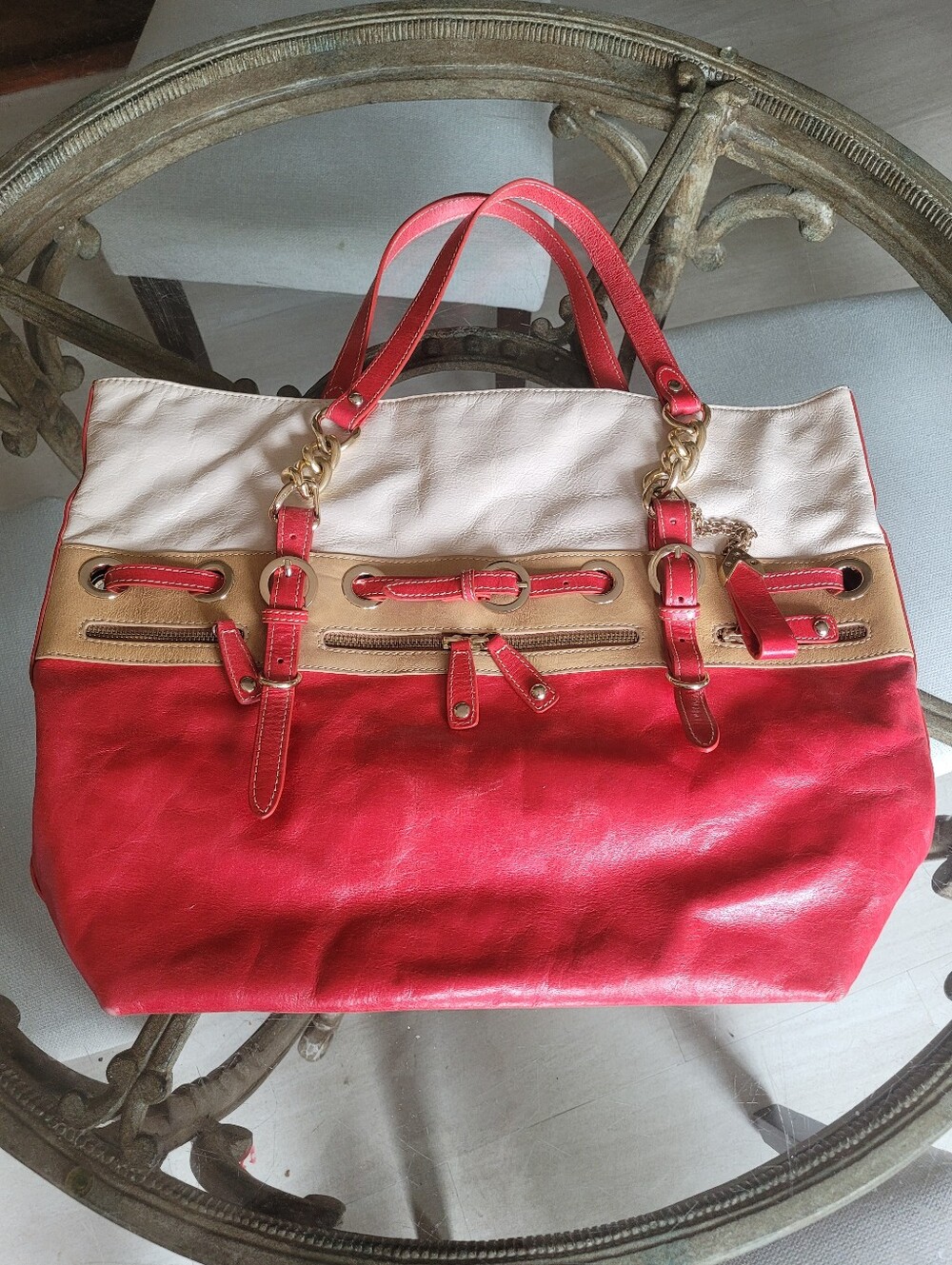 Aqua Madonna Leather Colorblock Tote Bag in Red, Cream & Tan